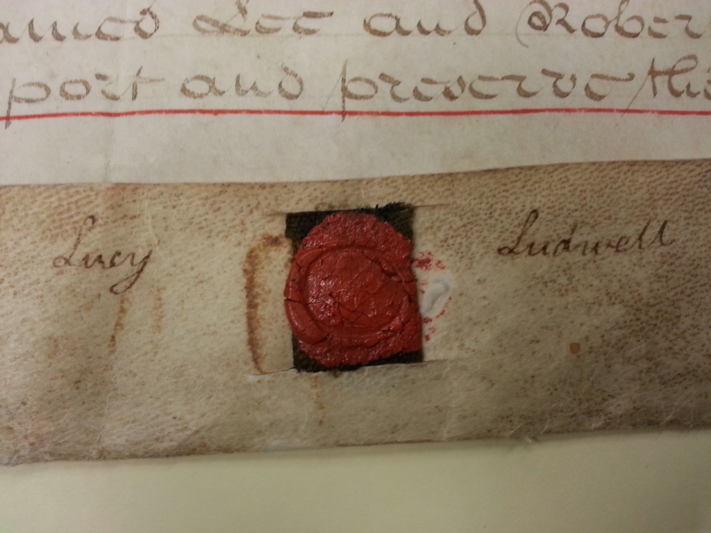 Seal of Lucy Ludwell on documents found in Austin, TX.